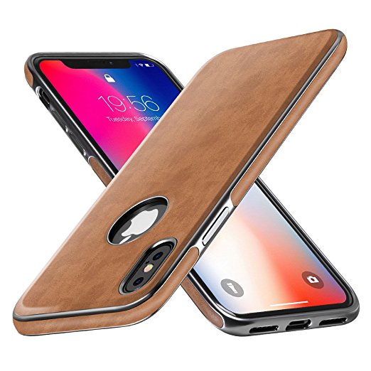 iPhone X Leather Case, iPhone X Case Miracase Luxury Leather Ultra Slim & Thin Soft TPU Hybrid Bumper Wireless Charging Compatible Shockproof Drop Protective Cover Case for Apple iPhone X 10-Brown