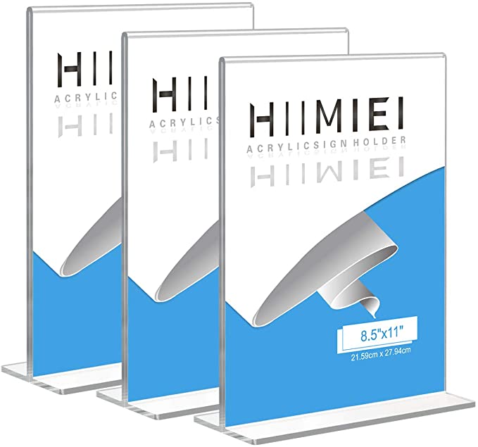 HIIMIEI 8.5x11 Acrylic Sign Holder Table Menu Display Stand, Clear Plastic 8.5x11 Double Sided Picture Frames for Desk Display(3 Pack)