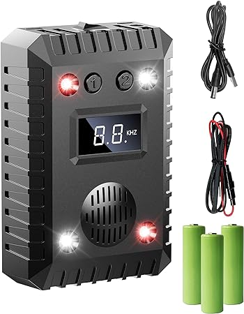 Ultrasonic Rodent Repellent Under Hood, Strobe Lights&Alarm Sound Keep Mice Rat Squirrel Away from Car Engine Truck Garage Attic Basement Warehouse Barn Shed Vehicle Protection, with 3 Batteries