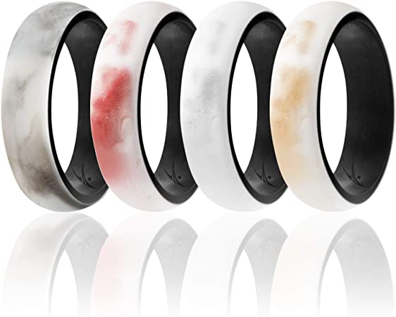 ROQ Silicone Wedding Ring for Women - Affordable Silicone Rubber Rings - 4 Packs & Singles - Dome Style, 2 Colors - Glitter, Marble, Metallic, Matte - Safe, Flexible, Light with Classic Design
