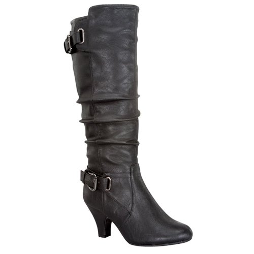 Top Moda Womens Bag-55 Knee High Buckle Slouched Kitten Heel Boots