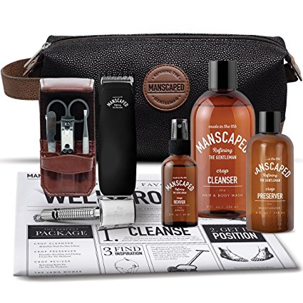 Mens Grooming Kit Includes: Manscaping Trimmer, Ball Deodorant, All-in-one body wash, Performance Spray-on-body Toner, Double Edged Straight Razor, five piece Nail Kit, Luxury toilet bag, shaving mats