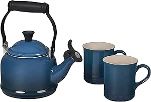 Le Creuset Enamel On Steel Demi Kettle & Stoneware Set of 2 Mugs, 1.25 qt. Kettle & (2) 14 oz. Mugs, Deep Teal