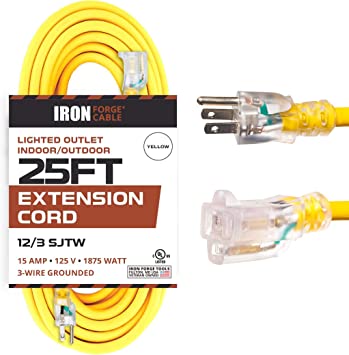 Iron Forge Cable Lighted Outdoor Extension Cord 25 Feet with 3 Prong Grounded Plug, Yellow