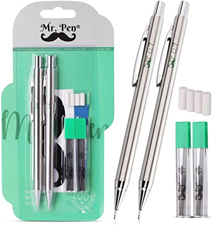 Mr. Pen- Mechanical Pencils 0.7, Pack of 2, Metal Mechanical Pencil with Lead and Eraser, Drafting Pencil, Drawing Pencil, Mechanical Pencil, 0.7 Mechanical Pencils, Artist Mechanical Pencils, 0.7mm