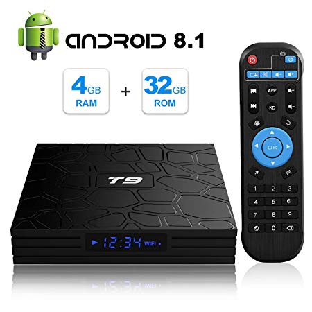 Android 8.1 TV BOX, T9 Android Box 4GB RAM 32GB ROM RK3328 Bluetooth 4.1 Quad Core 64bits Smart TV BOX, Built-in 2.4G Wi-Fi, HDMI Output, 4K 3D Ultra HD TV Box