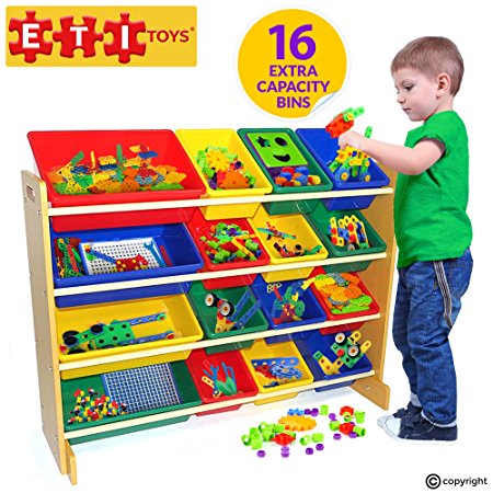 ETI Toys | 16 Multi Bin Toy Organizer (Beech) | 4 Extra Large Capacity Bins | Durable, Premium Grade MDF | BPA-Free Fun Storage Bins for Kids and Baby | Best Childrens Playroom Furniture Toys Storage