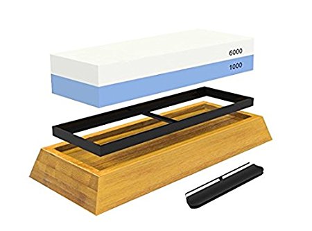 ISSIKI JAPAN Knife Sharpening Stone 2 Side Grit 1000/6000 Whetstone, Best Kitchen Knife Sharpener Waterstone, NonSlip Bamboo Base & Angle Guide