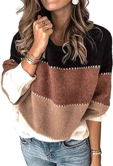 Angashion Women's Sweaters Casual Long Sleeve Crewneck Color Block Patchwork Pullover Knit Sweater Tops