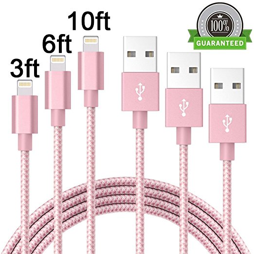 CBoner iPhone Cable, Lightning Cable 3Pcks 3FT,6FT,10FT Charger to USB Syncing and Charging Cable Data Nylon Braided Cord for iPhone 7/7 Plus/6/6 Plus/6s/6s Plus/5/5s/5c/SE and more(Pink&White)