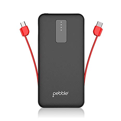 Pebble ACE - Slim Design, Dual Inbuilt Cable Micro USB and Type-C Power Bank 10000 mAh with Type-C Input (Black)