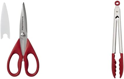 KitchenAid All Purpose Shears with Protective Sheath, 8.72-Inch, Red & Silicone Stainless Steel Tongs, 10.26 Inch, Red