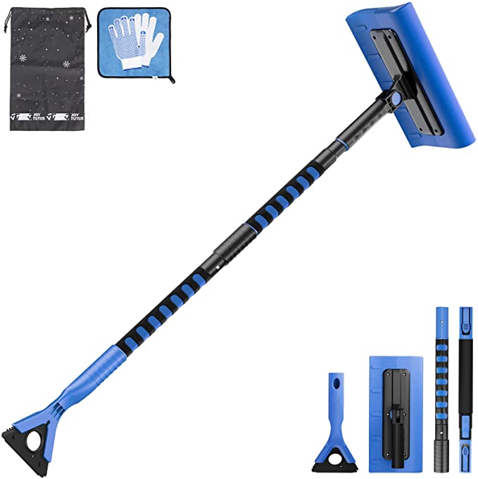 JOYTUTUS 47'' S-Type Snow Broom, Extendable Snow Brush with Foam Handle, 270° Rotatable Snow Cleaner for Car with Ice Scraper and Wiper Cleaner (Blue)