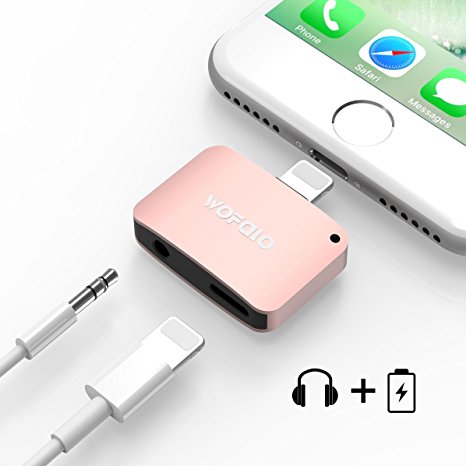 2 in 1 Lightning Adapter for iPhone 7/7 Plus,Wofalo 2nd Generation Lightning to Aux Audio Headphone and Charge Cable Splitter Compatible for iOS 10.3-Rose