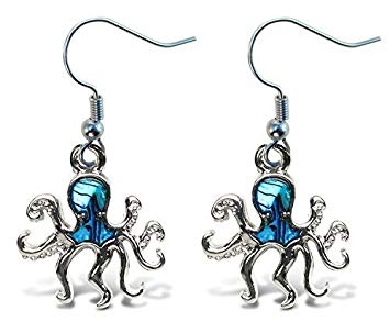 Puzzled Blue Octopus Fish Hook Earrings, 1.35 Inch Fashionable Sparkling Genuine Paua Shell Drop Earring for Casual Formal Attire Accessory Unique Gift Ocean Life Themed Silver Fashion Accessories