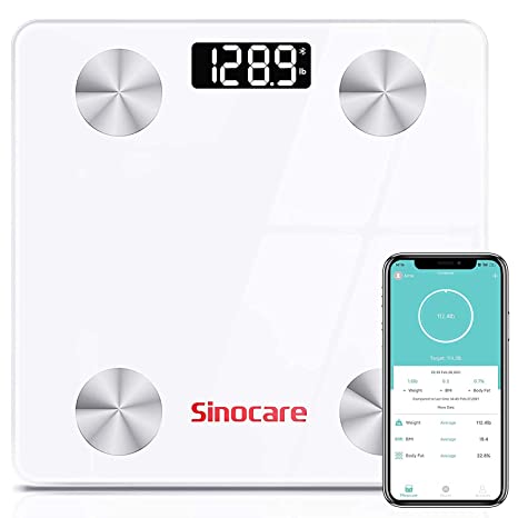 Sinocare Body Fat Scale, Digital Bluetooth Bathroom Smart BMI Scale, Scales for Body Weight, Backlit Glass Smart Scale 12 Metrics, 280280MM