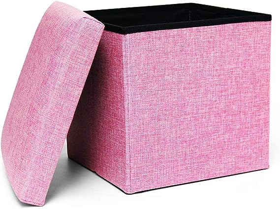 Cosaving Folding Storage Ottoman Storage Cube Seat Foot Rest Stool with Memory Foam for Space Saving, Square Ottoman 11.8x11.8x11.8 inches, Pink