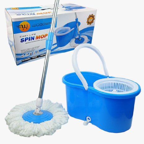 Woodsam Magic Spin Mop - Easy Press Mop Bucket Set - 360° Rotation Push & Pull - Liquid Drain Hole - Easy Wring with Reusable Mop Heads - Non Pedal