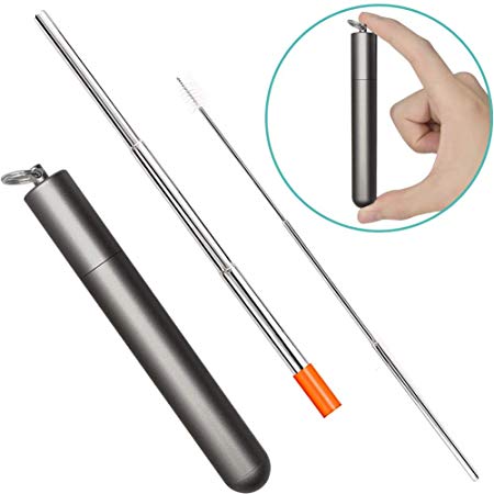 Reusable Collapsible Straw 9.5 inches Stainless Steel Metal Straws, BPA-Free FDA Approved Drinking Reusable Straw & Portable Telescopic Straw with 1 Black Case, 1 Cleaning Brush, 1 Silicone Tip