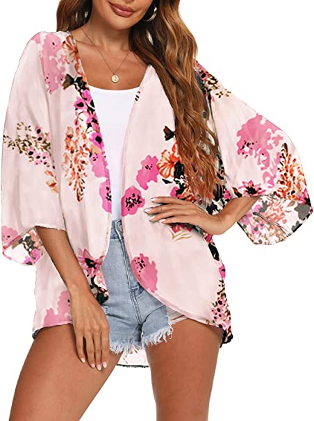 BB&KK Women's Floral Kimono Cardigans Chiffon Casual Loose Open Front Cover Ups Tops