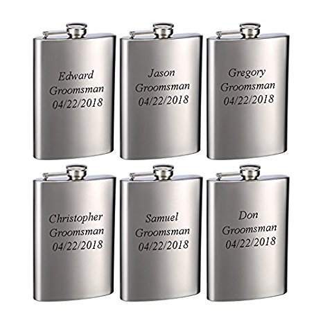 Top Shelf Flasks 6 Pack of Laser Engraved 8oz Groomsman Flasks