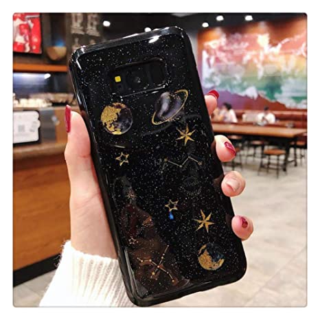 Mixneer Shinning Universe Planet Case for Samsung Galaxy S10 Plus S10e S9 S8 Note 9 8 J4 J6 A7 A9 A6 A8 2018 Glitter Moon Star Soft Case (Black,Samsung S10)