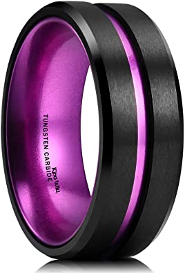 King Will Duo 8mm Mens Green/Red/Purple Plated Black Tungsten Carbide Wedding Ring Grooved Center Matte Finish