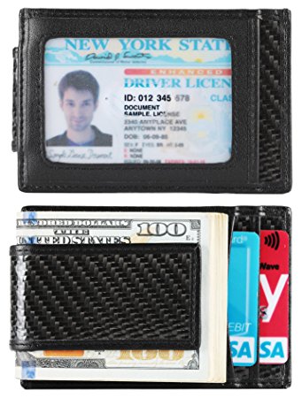 Money Clip, Front Pocket Wallet, Leather RFID Blocking Strong Magnet thin Wallet (Carbon Fiber ID Window)