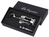Wine Opener Gift Set - Wing Corkscrew with Bottle Stopper and Foil Cutter in Black Box by De Rigueur