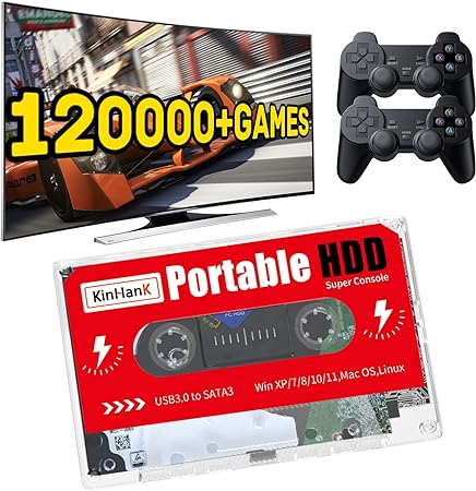 Kinhank 2TB External Hard Drive,Retro Game Console with 120000 Games,Retro Game Console HDD,Batocera 33 Game System for Laptop/PC/Windows/Mac OS,Compatible with Most Emulators,2 Controllers,USB 3.0