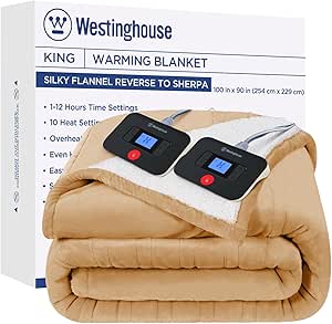 Westinghouse Electric Blanket King, Heated Blanket King Size with 10 Heating Levels and 1 to 12 Hours Heating Time Settings, Flannel to Sherpa Reversible, Machine Washable (90" x 100", Brown)