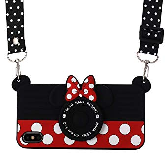 iPhone Xs/X Case with Lanyard, Shinymore 3D Cute Soft Silicone Cartoon Minnie Mouse Camera Design Case for iPhone Xs & iPhone X