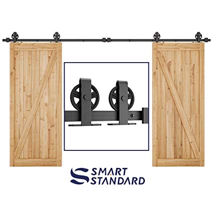 SMARTSTANDARD 12ft Heavy Duty Double Door Sliding Barn Door Hardware Kit -Smoothly and Quietly-Easy to install-Includes Step-By-Step Installation Instruction Fit 36" Wide Door Panel(Bigwheel T Hanger)