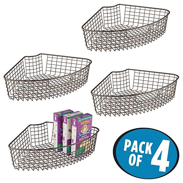 mDesign Lazy Susan Wire Storage Basket with Handle for Kitchen Cabinets, Pantry - Pack of 4, 1/4 Wedge, Bronze