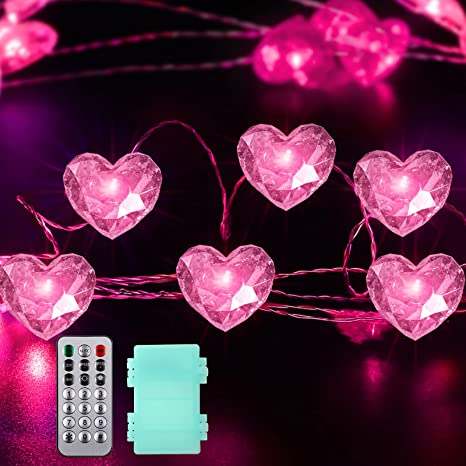 Heart String Light 13 ft 50 LEDs Valentine's Day Decorative Light String Wedding Decoration Battery Powered with 12 Modes, Remote and Timer for Wedding Anniversary Birthday (Pink)