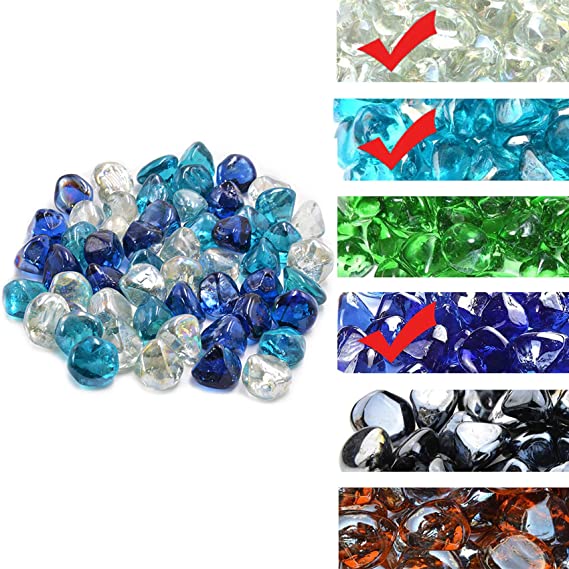 Skyflame 10-Pound Blended Fire Glass Diamonds for Fire Pit Fireplace Landscaping, 1 Inch Cobalt Blue, Crystal Ice, Caribbean Blue