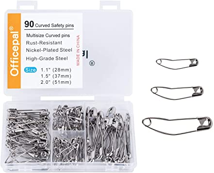 Officepal 90-Piece Curved Safety Pins, 3-Size in 1,Heavy Duty, High-Grade Steel, Rust-Resistant Nickel Plated Steel Set