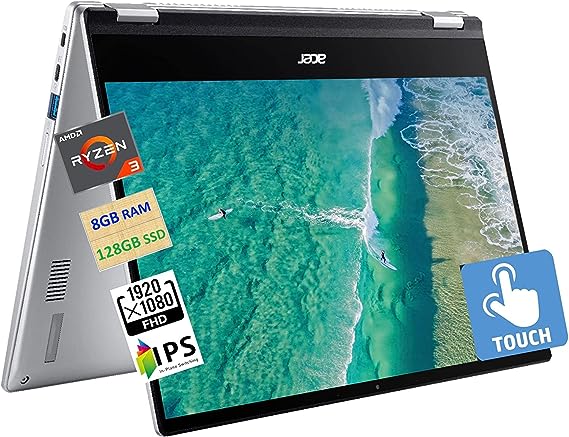 Acer 2023 Newest Spin 514 2-in-1 Convertible Chromebook,AMD Ryzen 3 3250C (Up to 3.5GHz),14 Inch FHD IPS Touchscreen,8GB RAM,128GB eMMC,WiFi,Backlit Keyboard,12  Hours,Silver