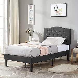 VECELO Classic Upholstered Platform Bed Diamond Stitched Cloth Panel Headboard/Mattress Foundation/Easy Assembly/Strong Slat Support Twin Grey