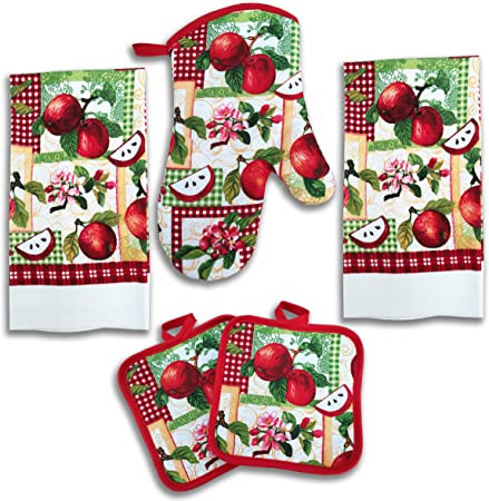 American Mills Juicy Apple Decor 5 Piece Printed Kitchen Linen Set Includes Towels Pot Holders Oven Mitt