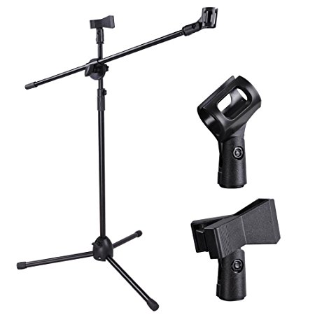 AW Adjustable Height Microphone Stand Dual Mic Clip 360-degree Rotating Folding Type Boom Arm Tripod