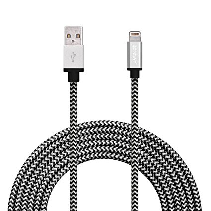 Zoresyn 10FT/3M Lightning to USB Cable Data Cord Nylon Braided MFi Certified Compatible with iPhone 7/7 Plus/6s/6s Plus/6/6 Plus/5/5S/5C/SE/iPad and iPod(Black with White)