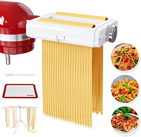 Pasta Maker Attachment for Kitchenaid Mixer, Ohuhu 3 in 1 Pasta Machine with Pasta Drying Rack, Dough Rolling Mat, Cleaning Brush, Mixer Accessories Pasta Roller, Fettuccine Cutter, Spaghetti Cutter