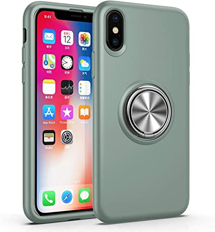 DICHEER iPhone X XS Case,15ft Drop Tested Heavy Duty Shockproof Cover with Ring Holder Kickstand,Dual Layer Protive Phone Case for Apple iPhone X Xs 5.8” (Silicone Green)