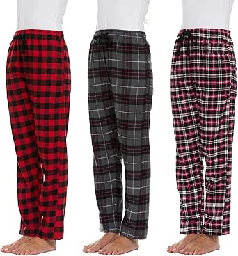 Pajama Pants for Women - 3 Pack Pajama Bottoms - Cotton Blend Flannel Plaid Lounge Pants, Comfortable PJ Pants