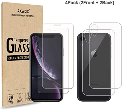 (4-Pack) Compatible with iPhone XR Screen Protector with Back Covers, Akwox 9H Tempered Glass Front Screen Protector and Back Screen Protector for iPhone XR (6.1") 2018
