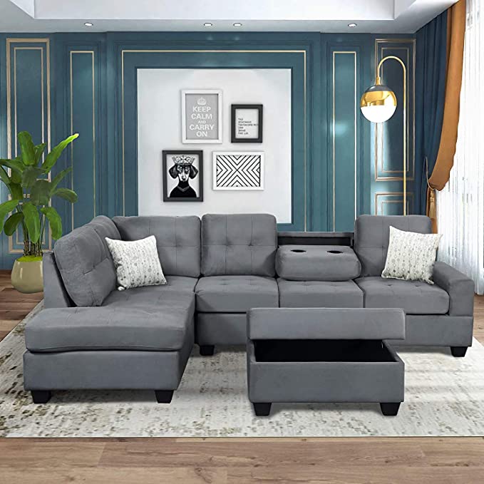 Merax Sectional Sofas 3-Seat Sofa Sectional Sofa Couches with Chaise Lounge and Ottoman for Living Room Furniture (Grey)