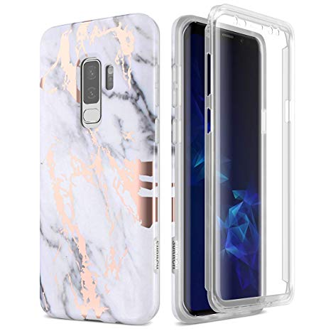 SURITCH for Samsung Galaxy S9 Plus Case 360 Protection Silicone Back Cover with Built in Screen Protector Slim Thin Bumper Shockproof Case for Samsung Galaxy S9 Plus Marble Black White
