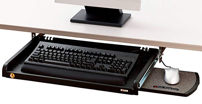 3M Adjustable Under-Desk Keyboard Drawer, Three Height Settings, Wide Tray with Gel Wrist Rest Accomodates Most Keyboards, Slide Out Mouse Platform with Precise Mouse Pad, Black (KD45)