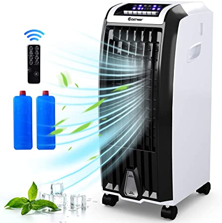 COSTWAY Evaporative Cooler, 4-in-1 Cooling, Fan, Humidifier and Anion, with 3 Wind Modes, 3 Speeds, 6.5H Timer, Portable air Cooler with Remote, Built-in Handle, 4 Wheels for Home, Office